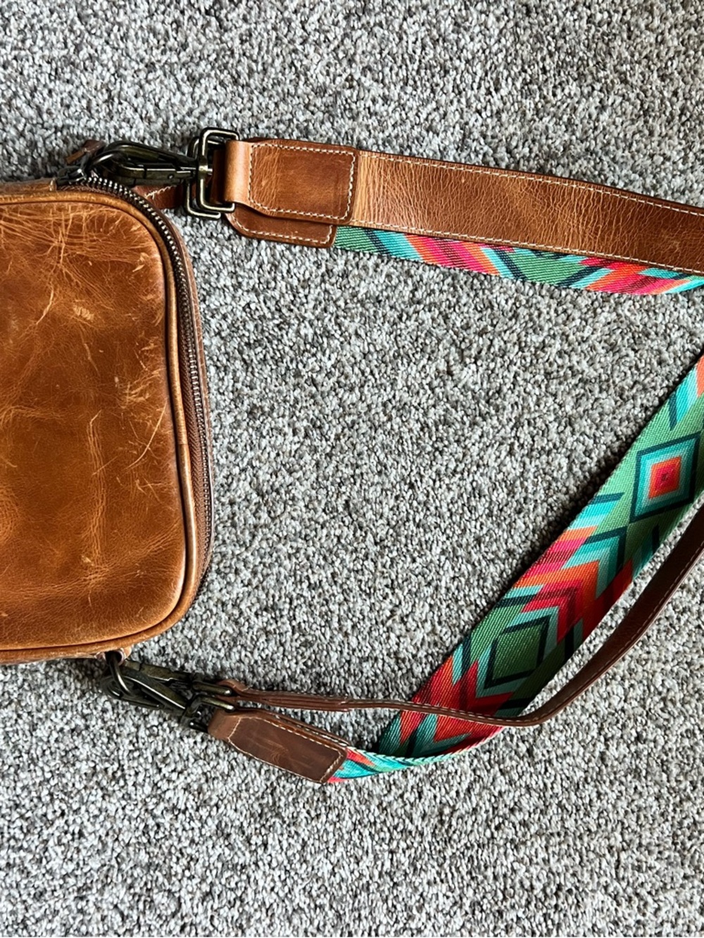 Leather Crossbody Bag with Colorful Aztec Strap - Brown - Picture 3 of 7